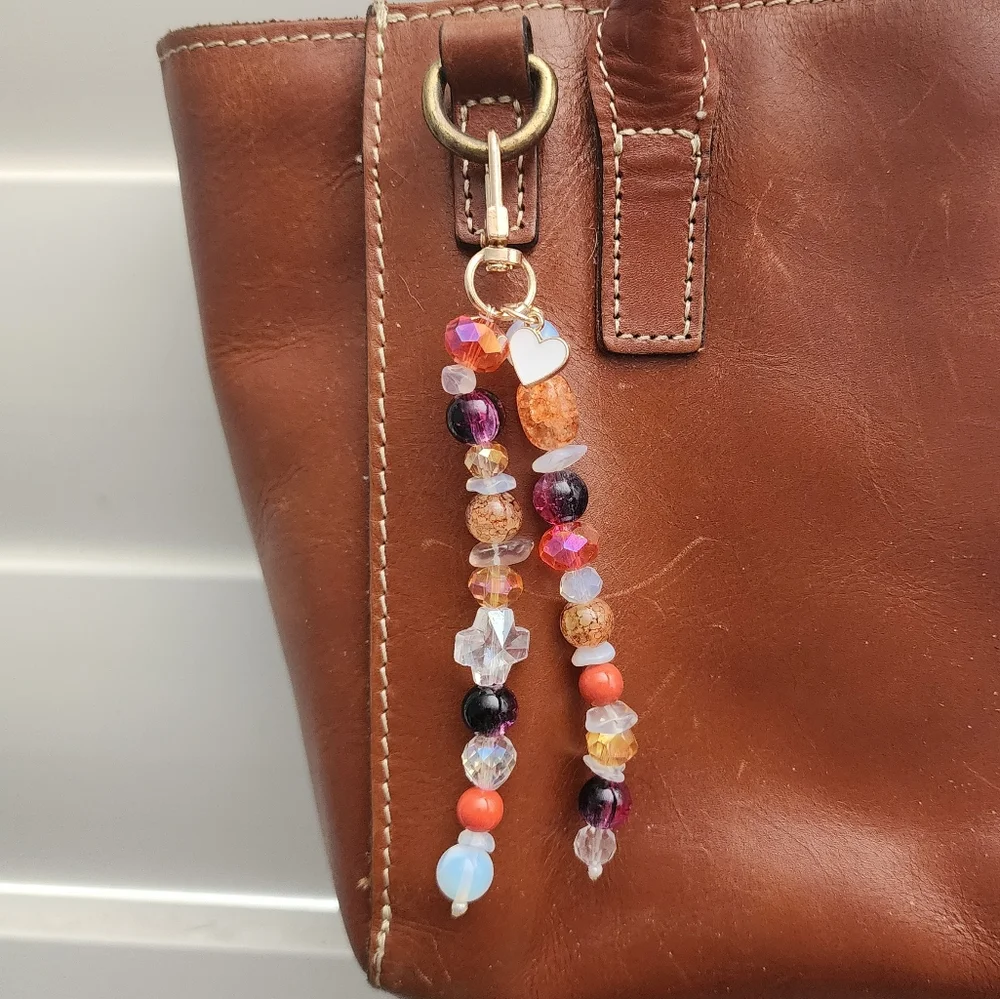 Handmade Glass Beaded Purse Charm Keychain Flair Fall Orange Purple